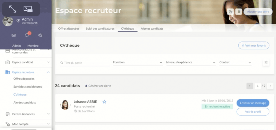 Interface espace recruteur