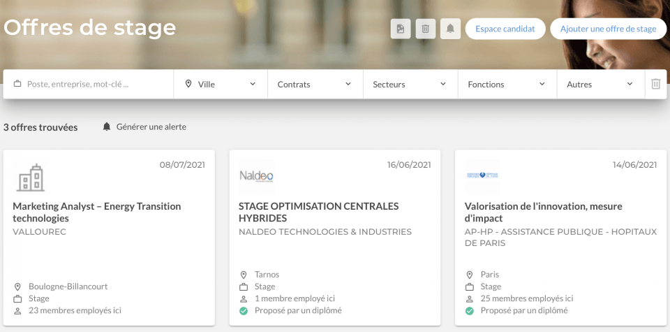 Interface offres de stage